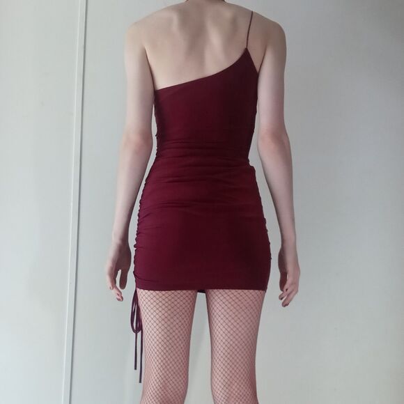 Burgundy Ruched One Shoulder Mini Dress - Picture 3 of 15